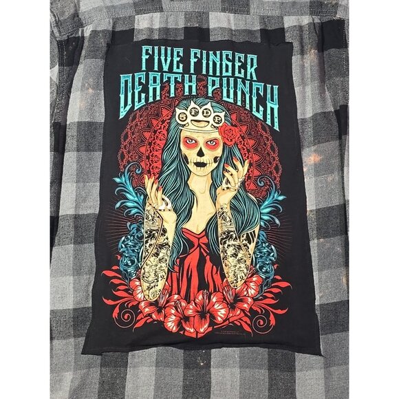 OOAK Upcycled Flannel Shacket Shirt Five Finger Death Punch FFDP Boyfriend Fit L - Picture 2 of 13